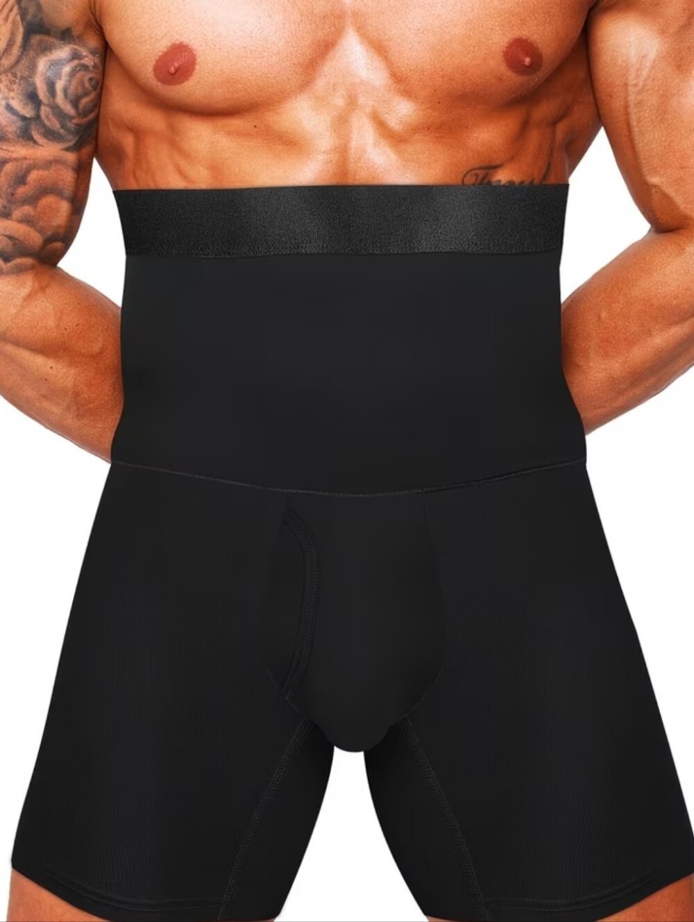 High-Waist Men's Seamless Black Compression Shapewear Boxer Brief -K